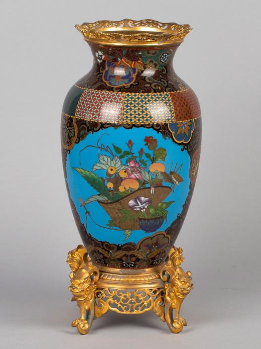 独角鹿西洋古董法国铜鎏金镶富贵花果瑞鸟掐丝珐琅花瓶花盆三件套 商品图3