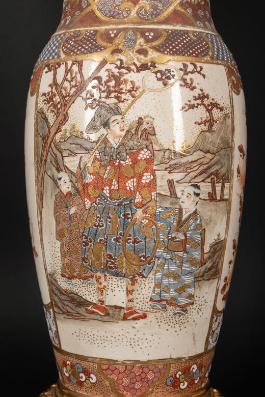 独角鹿西洋古董日本出品东方风格铜鎏金底座镶嵌萨摩烧瓷瓶台灯 商品图3