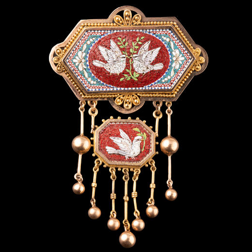 独角鹿西洋古董欧洲18K黄金镶嵌白鸽与橄榄枝极细马赛克胸针 商品图4