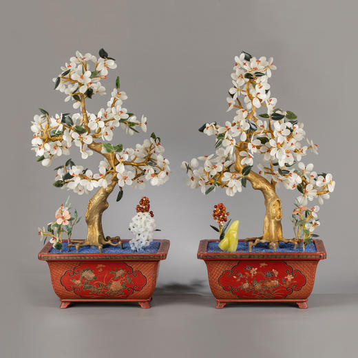 【已售】独角鹿西洋古董创汇时期中国花蝶主题大漆盆海棠花像生盆景一对 商品图0