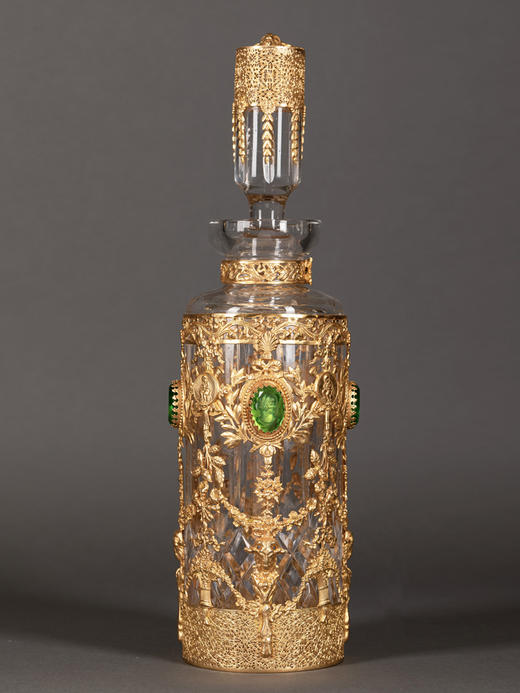 独角鹿西洋古董法国铜鎏金镶古典女子肖像绿色琉璃浮雕水晶烈酒瓶 商品图0