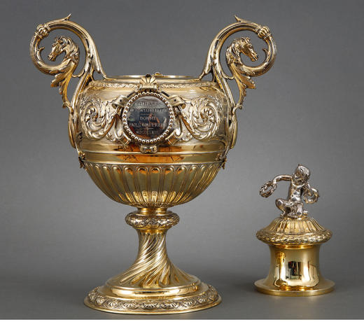 独角鹿西洋古董DUPONCHEL签名月桂小天使纯银镀金双耳式纪念奖杯 商品图2