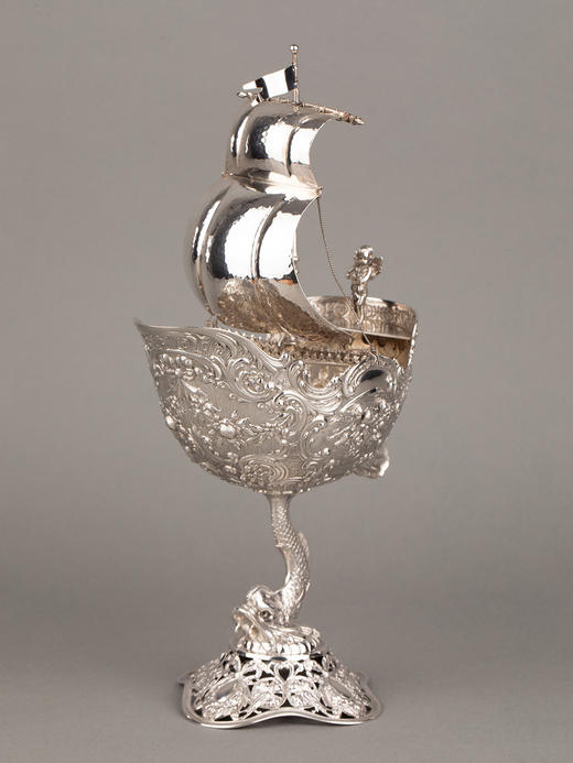 独角鹿西洋古董银器1890年代德国古典神话主题纯银精雕帆船摆件 商品图0