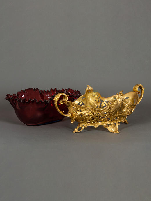 独角鹿西洋古董法国路易十五风格铜鎏金镂空雕花修饰红色水晶果盘 商品图4