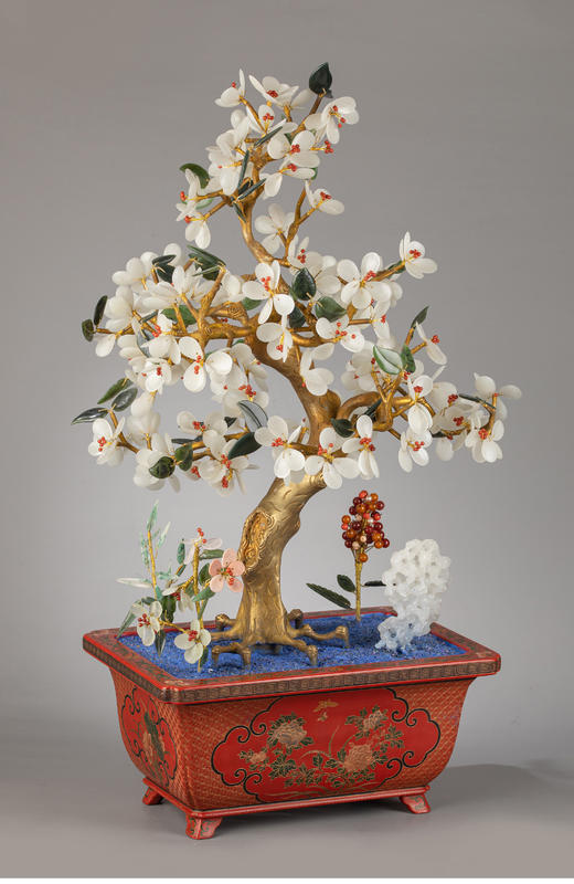 【已售】独角鹿西洋古董创汇时期中国花蝶主题大漆盆海棠花像生盆景一对 商品图3