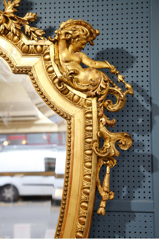 独角鹿西洋古董19世纪法国路易十六风格灰墁木质鎏金古董镜挂镜子 商品图4