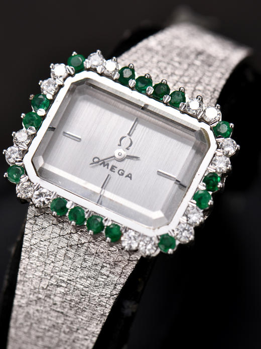 独角鹿西洋古董瑞士品牌格里玛限量合作款祖母绿钻石白金机械腕表 商品图1