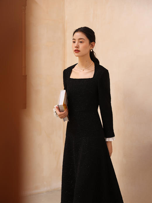 HeyDress法式小香风连衣裙女复古方领收腰伞摆流苏小黑裙子 商品图0