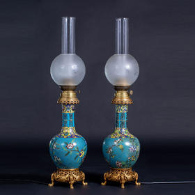 独角鹿西洋古董法国出品东方风格铜鎏金装饰掐丝珐琅油灯一对