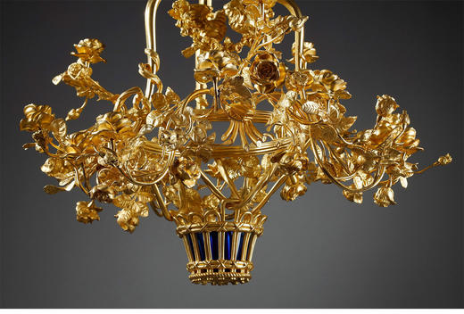 独角鹿西洋古董玫瑰花篮与鸟雀铜鎏金精雕十五枝头烛台式枝形吊灯 商品图2