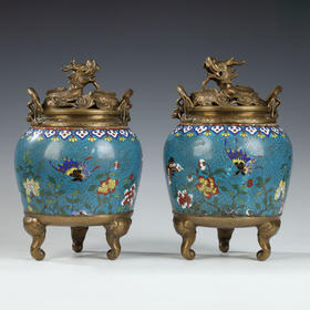 独角鹿西洋古董摆件中国铜鎏金底座镶嵌多彩掐丝珐琅香薰炉一对