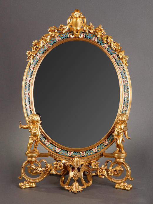 独角鹿西洋古董F·Barbedienne工匠天使花卉铜鎏金彩色珐琅座镜子 商品图0