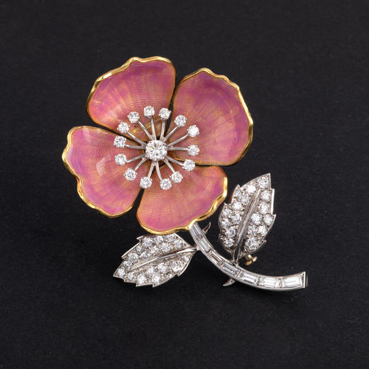 独角鹿西洋古董珠宝Boucheron铂金黄金镶嵌珐琅钻石野蔷薇胸针 商品图0