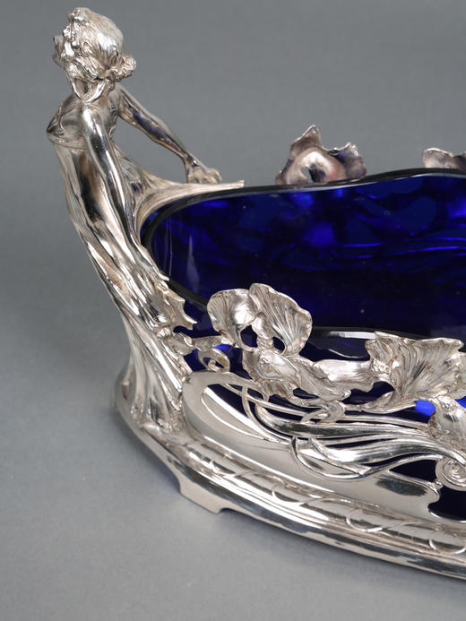 独角鹿西洋古董德国新艺术风蓝色水晶仙女繁花镀银精雕水果篮 商品图3