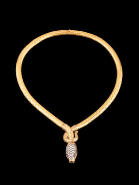 独角鹿西洋古董珠宝首饰18K黄金镶钻石红宝石灵蛇可拆卸调式项链