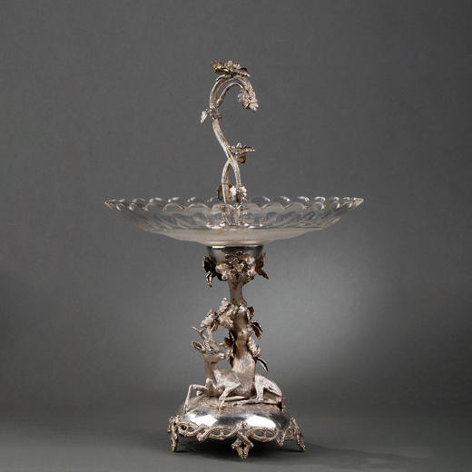 独角鹿西洋古董银器摆件自然主义纯银雕饰橡树小鹿高脚水晶果樽 商品图0