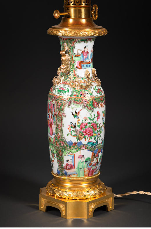 独角鹿西洋古董中国铜鎏金嵌广彩瓷瓶手工缎面百褶灯罩台灯一对 商品图3