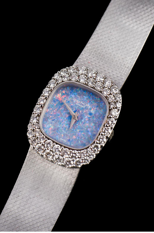 独角鹿西洋古董瑞士钟表世家18K白金欧泊表盘镶双圈钻石女士腕表 商品图3