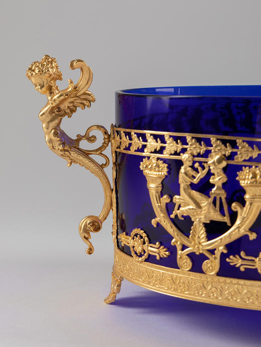 独角鹿西洋古董帝政风格古典艺术铜鎏金装饰蓝色水晶盆水晶果樽 商品图3