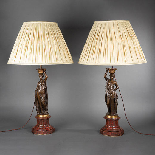独角鹿西洋古董法国雕塑家签名出品路易十六风格青铜雕塑台灯一对 商品图0