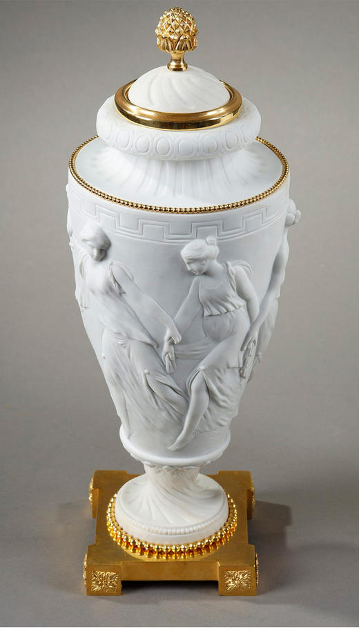 独角鹿西洋古董法国新古典主义舞动仙女浮雕素胎瓷铜鎏金带盖对瓶 商品图2