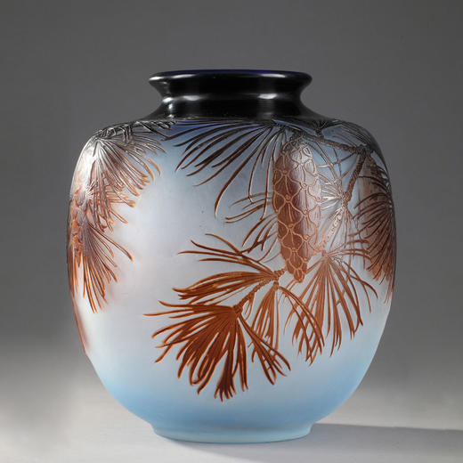 独角鹿西洋古董法国南锡派工坊签名松果主题多层水晶瓶家居摆件 商品图0