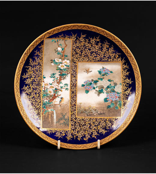 独角鹿西洋古董瓷器日本明治时代錦光山造金彩花鸟萨摩烧瓷盘一对 商品图3