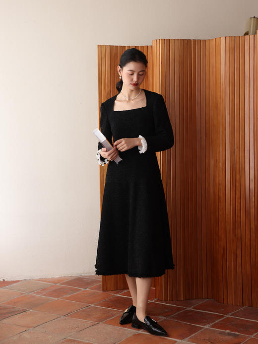 HeyDress法式小香风连衣裙女复古方领收腰伞摆流苏小黑裙子 商品图2