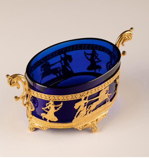 独角鹿西洋古董法国帝政风格古典人物主题铜鎏金装饰蓝色水晶盆 商品图1