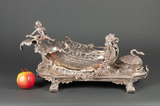 独角鹿西洋古董银器摆件19世纪法国出品天鹅游船主题铜镀银酒瓶架 商品图1