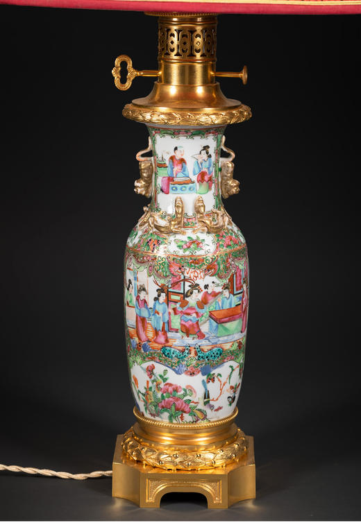 独角鹿西洋古董中国铜鎏金嵌广彩瓷瓶手工缎面百褶灯罩台灯一对 商品图4