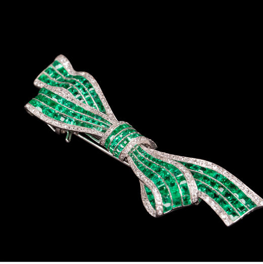 独角鹿西洋古董珠宝美好时代风18K金铂金镶钻石祖母绿蝴蝶结胸针 商品图4