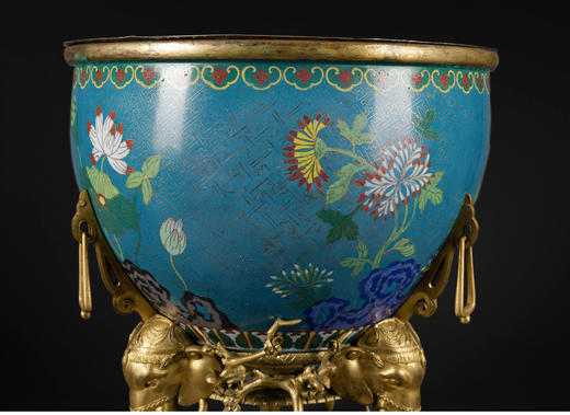 独角鹿西洋古董吉象造型铜鎏金底座饰东方花卉主题景泰蓝花盆套 商品图3