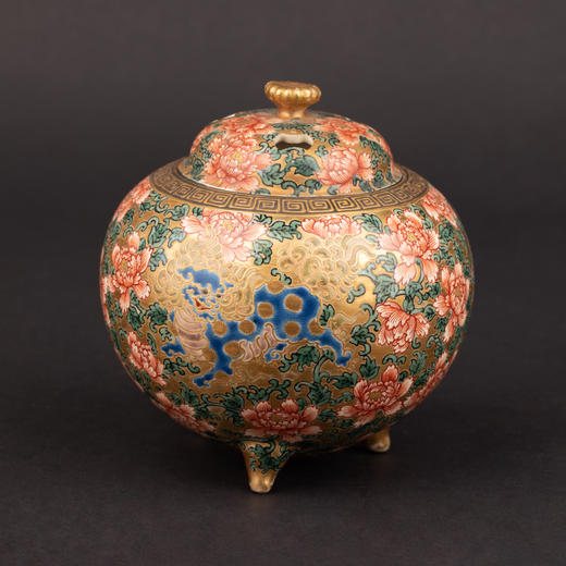 独角鹿西洋古董明治时代日本萨摩烧鎏金手绘菊花香薰炉摆件 商品图3