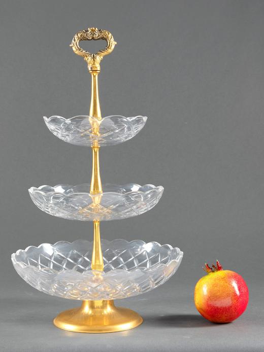 独角鹿西洋古董1920年代比利时铜鎏金黄铜雕刻水晶多层糕点托盘 商品图1