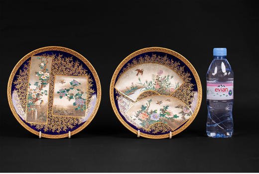 独角鹿西洋古董瓷器日本明治时代錦光山造金彩花鸟萨摩烧瓷盘一对 商品图1