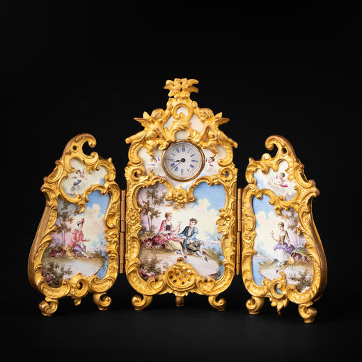 独角鹿西洋古董奥地利洛可可风铜鎏金彩色珐琅屏风式微缩座钟摆件 商品图0