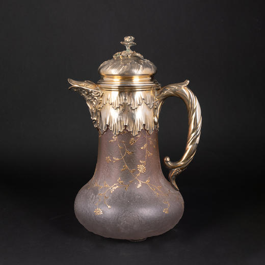 独角鹿西洋古董法国南锡派Daum路易十五风银镀金描金花卉水晶壶 商品图0
