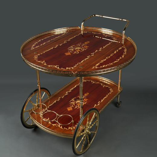 独角鹿西洋古董意大利黄铜精雕古典花卉细木镶嵌双层手推餐车 商品图0