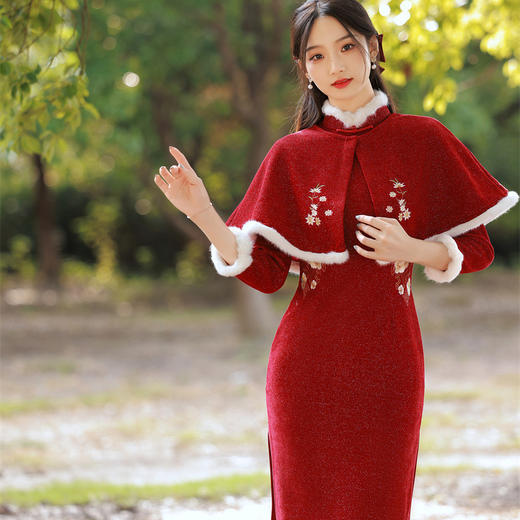 刺绣中长款民国风旗袍披肩两件套加毛加厚改良旗袍HX-311 商品图3