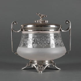 独角鹿西洋古董1900年代法国出品银制底座镶嵌雕刻水晶糖果罐摆件