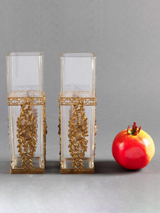 独角鹿西洋古董1880年代法国巴卡拉工坊铜鎏金镶嵌水晶花瓶一对 商品图1