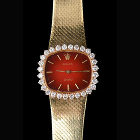 独角鹿西洋古董瑞士二手手表烤漆红盘18k金镶钻石女士腕表带原盒