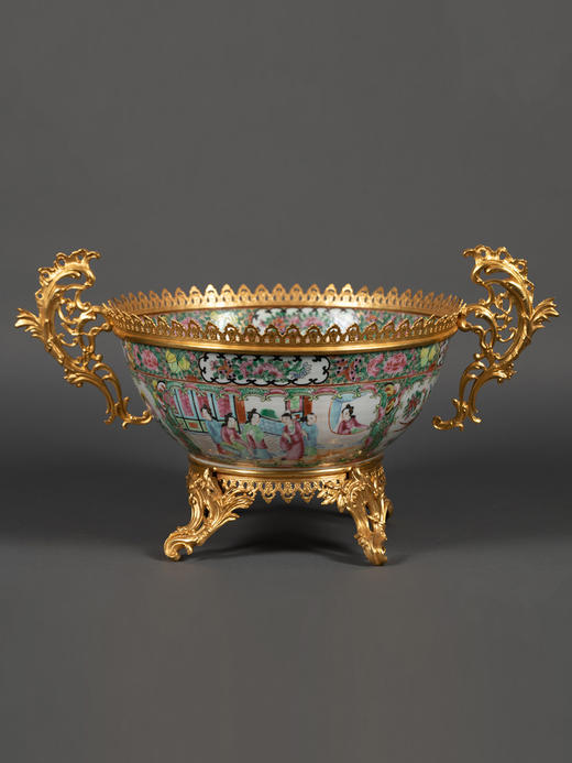 独角鹿西洋古董路易十五风铜鎏金双耳中国广彩瓷潘趣酒碗 商品图3