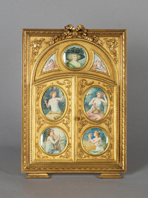 独角鹿西洋古董COWAN CHICAGO工坊铜鎏金淑女人物细密画梳妆座镜 商品图0