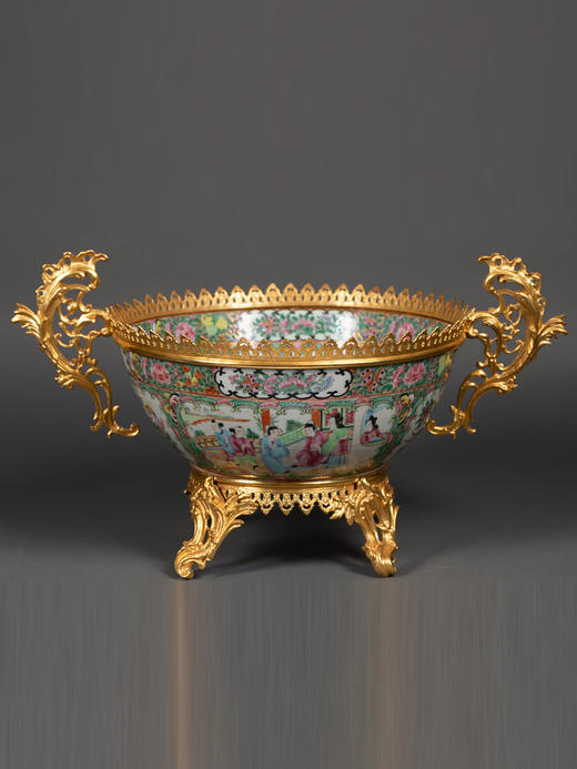 独角鹿西洋古董路易十五风铜鎏金双耳中国广彩瓷潘趣酒碗 商品图0