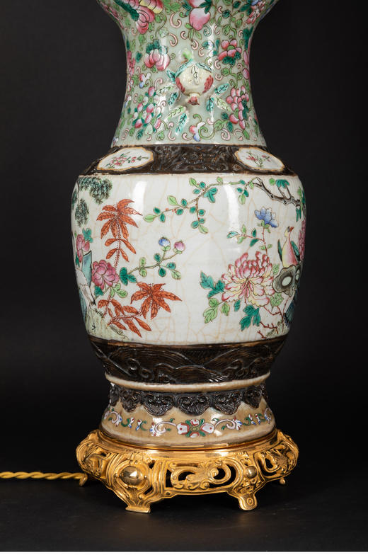 独角鹿西洋古董铜鎏金松鹤瑞禽粉彩瓷瓶底座手工缎面百褶灯罩台灯 商品图4