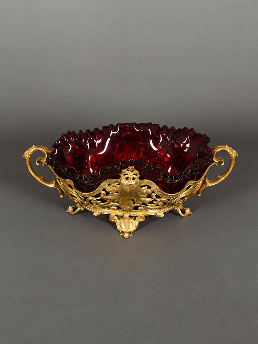 独角鹿西洋古董法国路易十五风格铜鎏金镂空雕花修饰红色水晶果盘 商品图2