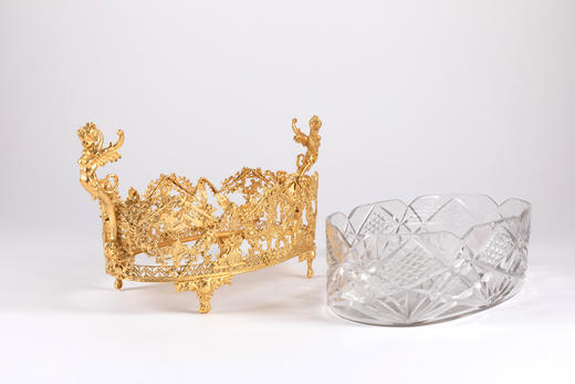 独角鹿西洋古董19世纪法国路易十五风格铜鎏金镶嵌雕刻水晶果樽 商品图4