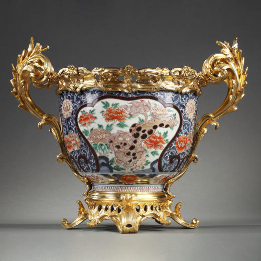 独角鹿西洋古董瓷器铜鎏金镂空装饰伊万里彩绘描金动物花卉瓷花盆 商品图0